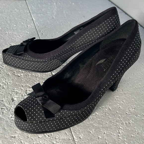 Aerosoles SZ 9 Benefit Black Polka Dot Peep Toe Heels 50's Bow Pin Up Office - Picture 5 of 12